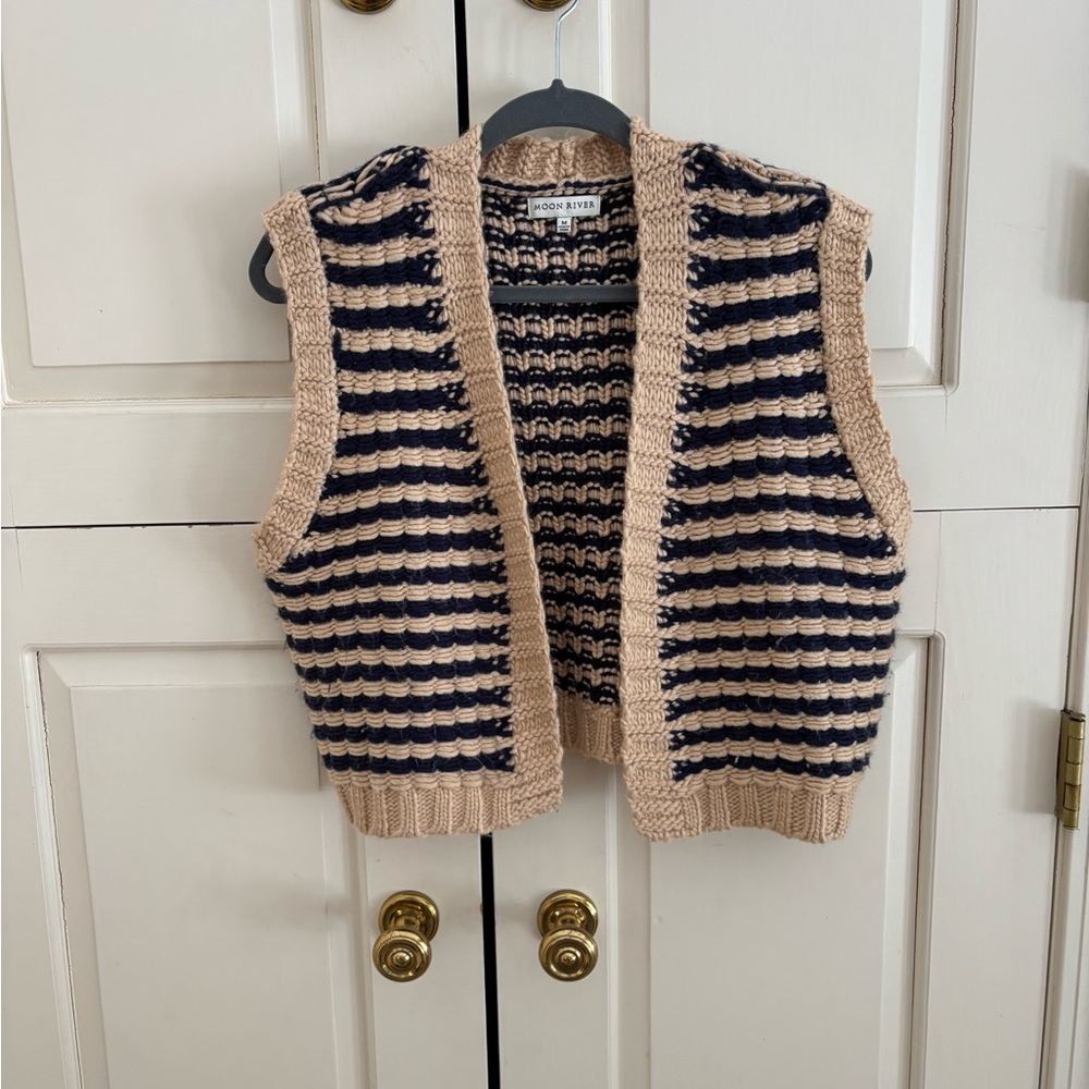 Moon River Tan and Blue Cardigan with Chunky Knit Texture